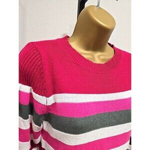 Loft Crew Neck Pullover Striped Sweater Womens SP Preppy Pink Bright Puff Sleeve